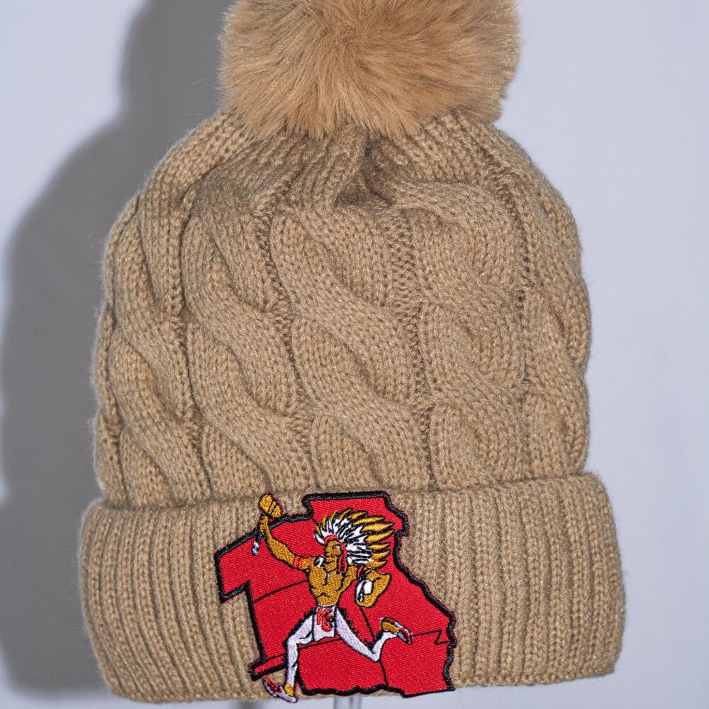 Light brown stocking cap with K C Chiefs Indian patch and fuzzy lining
